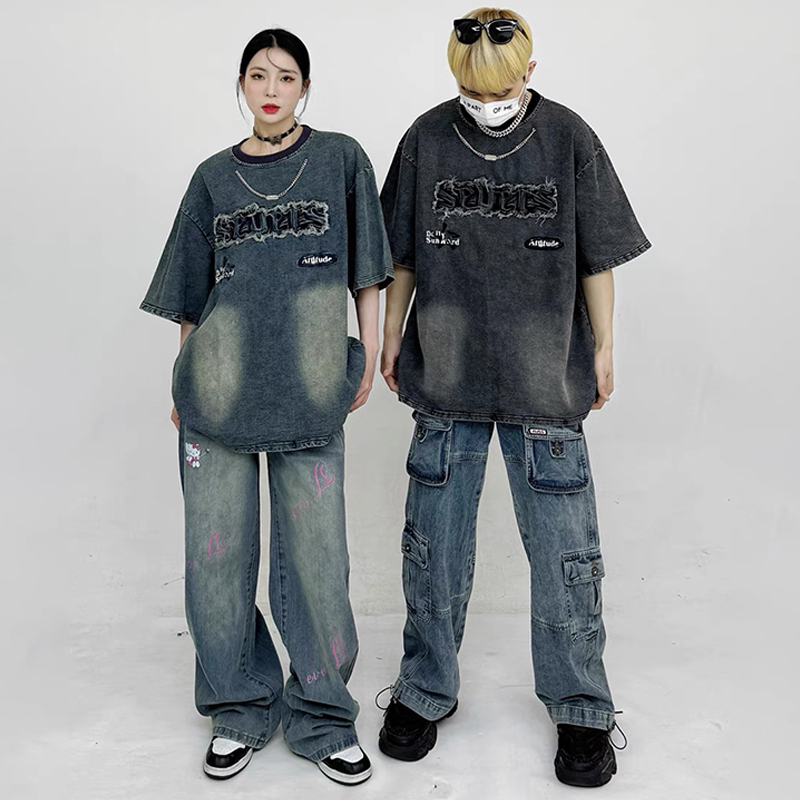 美式復古貼布繡水洗做舊牛仔T恤小眾鏈條設計感寬鬆情侶上衣