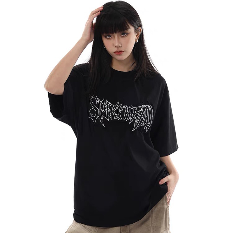 美式復古水洗髒染做舊貼布繡短袖T恤髒髒刺繡寬鬆情侶半袖上衣