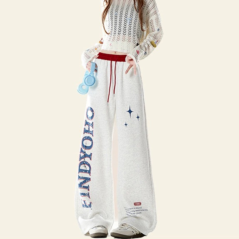 美式復古字母印花休閒衛褲春秋季撞色拼接百搭寬鬆闊腿褲子