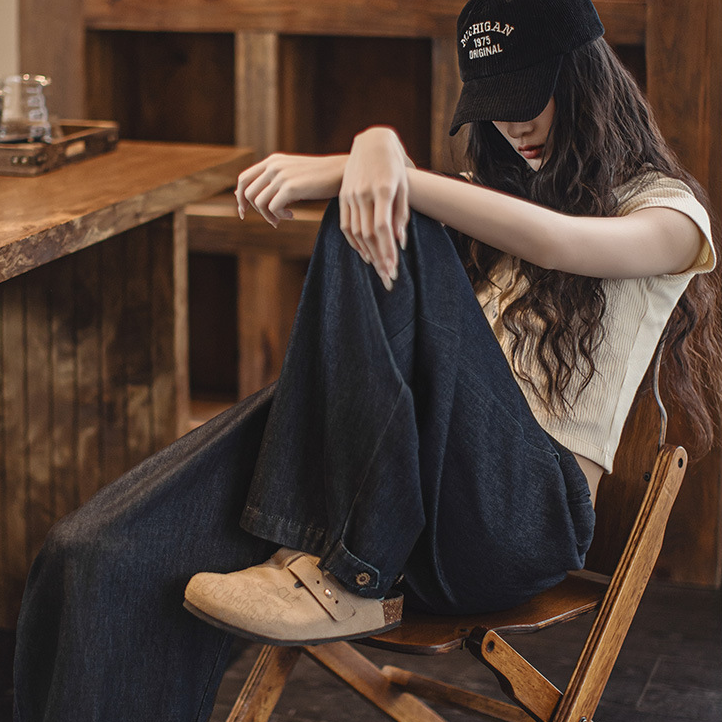 馬登女裝 復古冰皮香蕉牛仔褲凉感柔軟蘿蔔褲鬆緊腰抽繩褲子