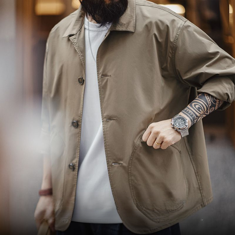 馬登工裝 法式復古斜插口袋工裝夾克薄款梭織翻領休閒廓形外套男春