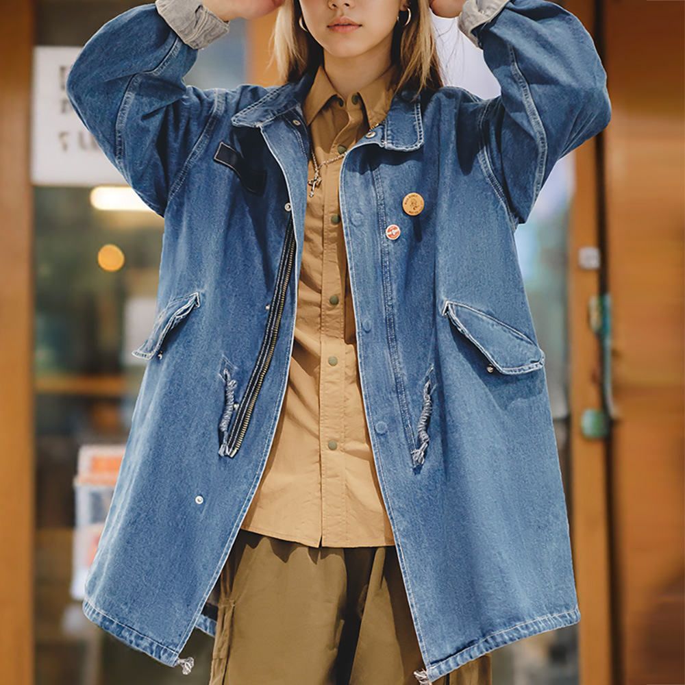 馬登女裝 美式復古M65丹寧牛仔外套寬鬆魚尾風衣外套中長款春秋