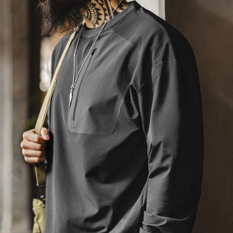 馬登工裝 美式復古戶外機能風運動長袖圓領梭織落肩袖寬鬆衛衣男春