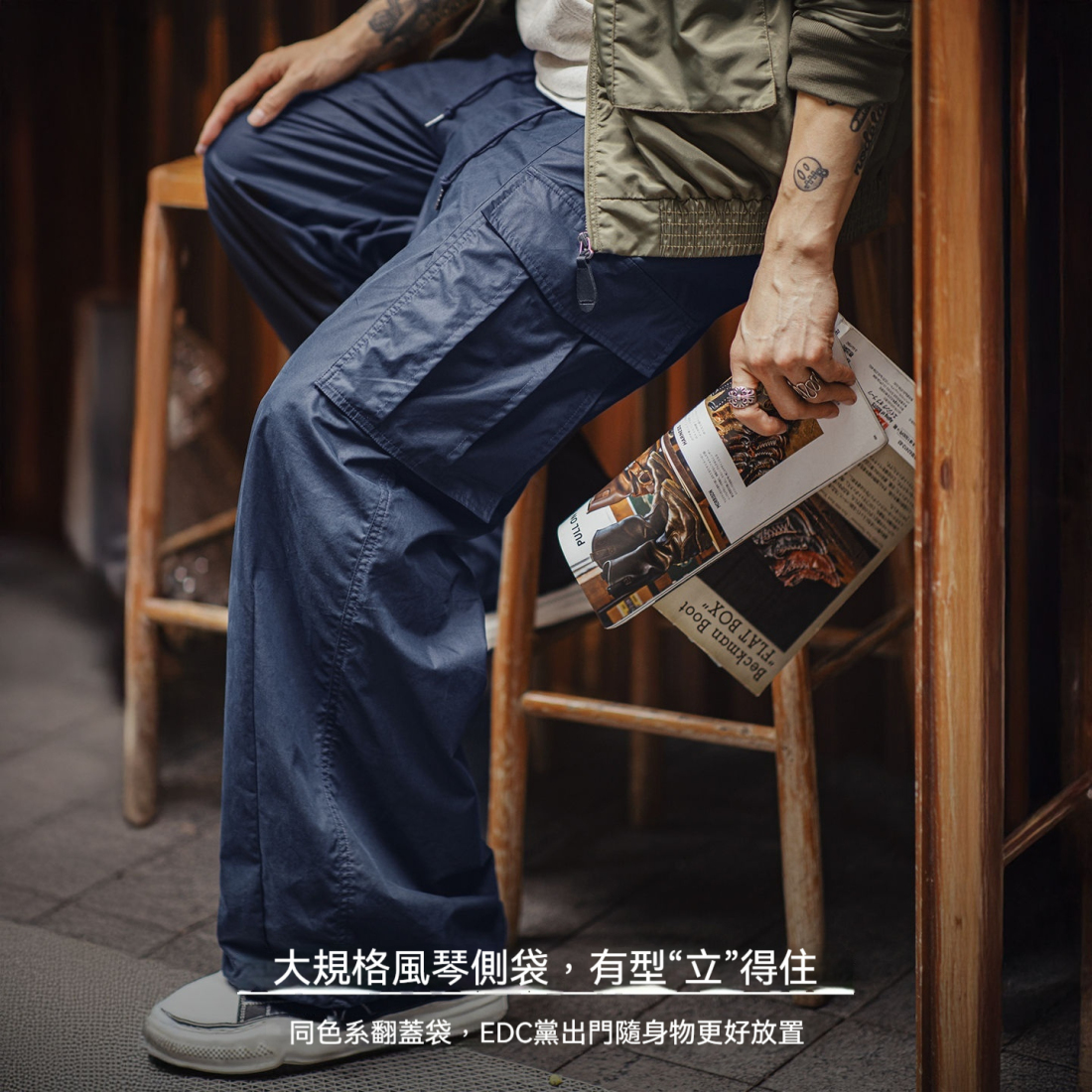 馬登工裝 美式M65大口袋休閒褲日系Cityboy藍色梭織束脚長褲子男秋