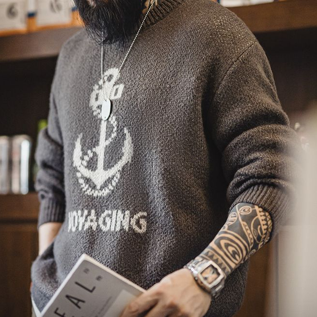 馬登工裝 美式復古針織船錨提花毛衣vintage套頭圓領打底衫秋冬