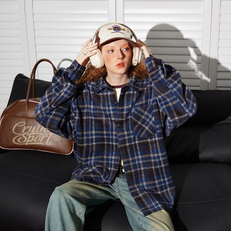 美式復古粉色格子長袖襯衫女秋寬鬆休閒慵懶襯衣外套