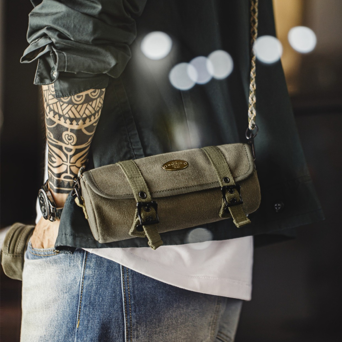 馬登工裝 美式復古帆布圓筒包隨身包通勤小包斜跨包包子母零錢包