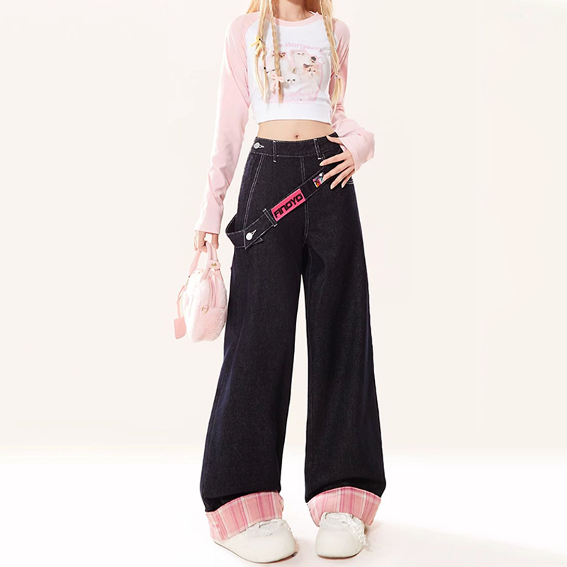 美式復古侧边拉链牛仔裤可拆卸腰帶格紋拼接翻邊設計感寬鬆阔腿裤