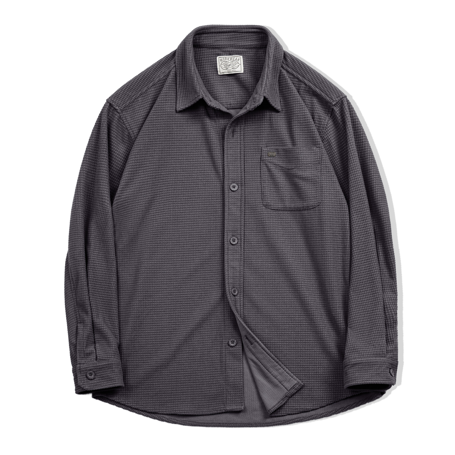 馬登工裝 美式復古玉米粒格子襯衫翻領純色休閒鬆弛感長袖襯衣男春秋