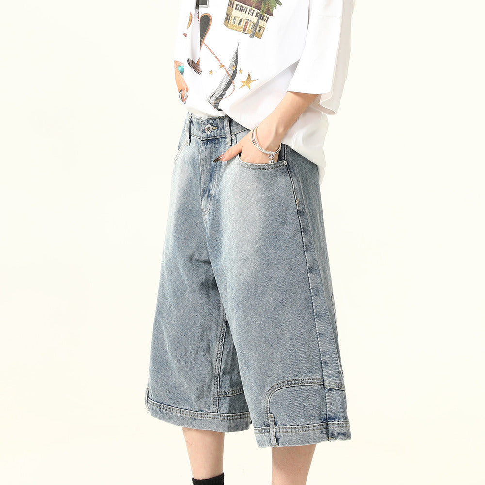 美式復古設計感倒裝牛仔短褲女水洗闊腿復古寬鬆七分褲