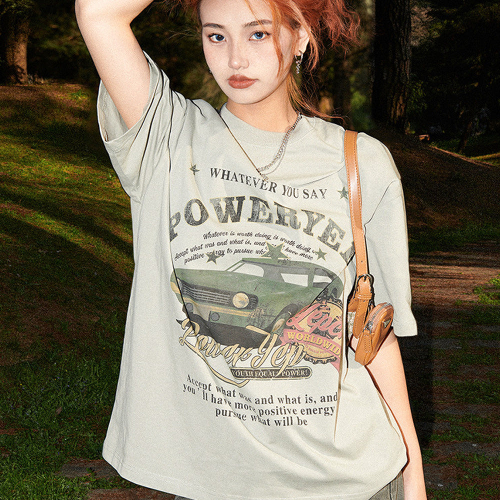 美式復古牛油果綠純棉短袖T恤女小眾半袖寬鬆Oversize情侶上衣