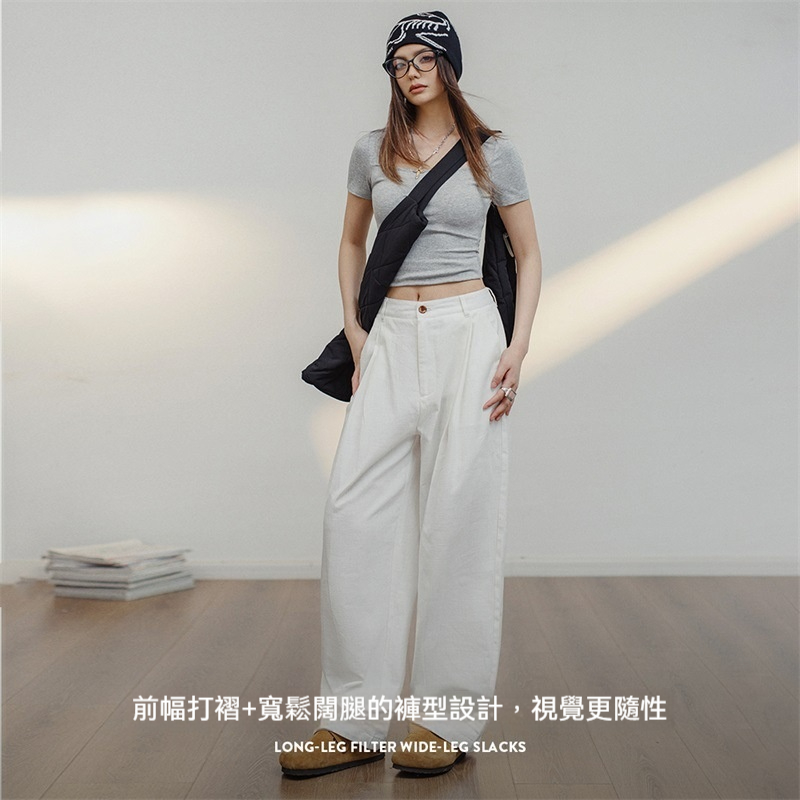 馬登女裝 復古白色休閒褲純棉寬鬆直筒工裝褲百搭顯瘦慵懶闊腿褲夏季女