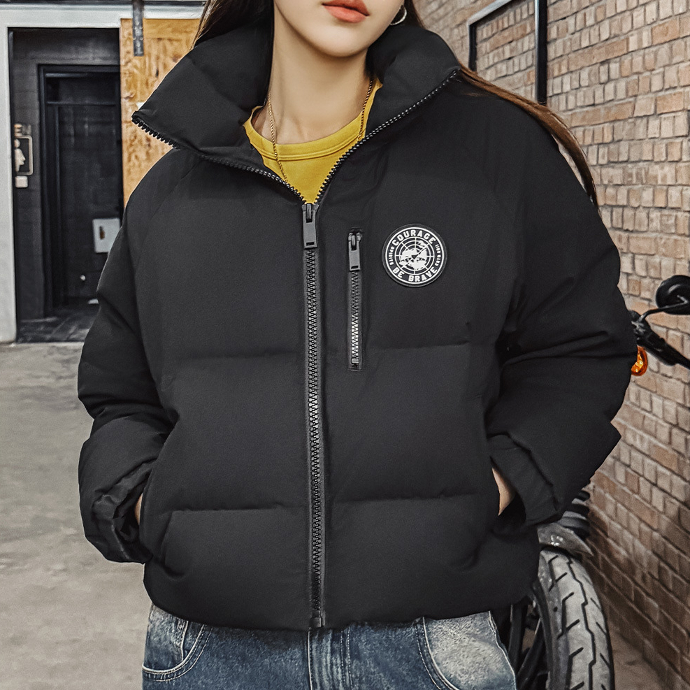 馬登女裝 黑色90白鴨防鑽絨高立翻領短款加厚保暖麵包羽絨服外套冬季