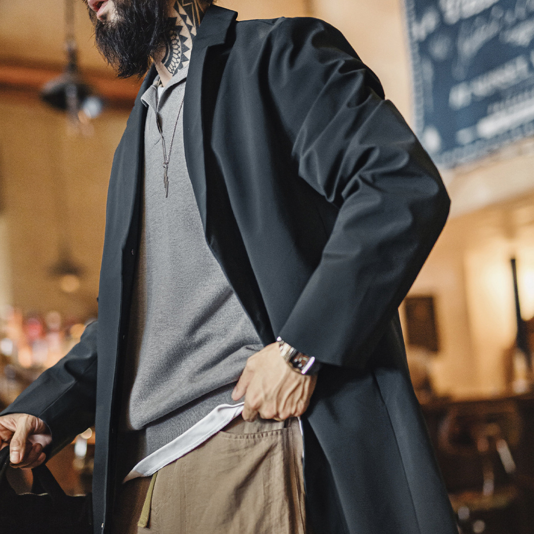 馬登工裝 美式復古薄款通勤風衣英倫中長款翻領大衣外套男秋季