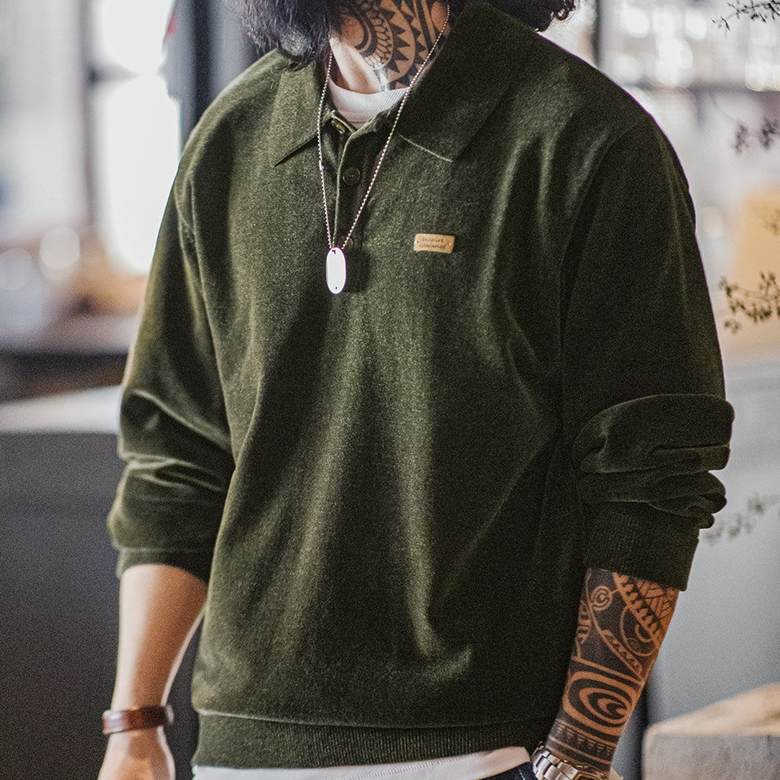 馬登工裝 美式復古雪尼爾半開襟polo衫寬鬆翻領套頭長袖衛衣男秋季