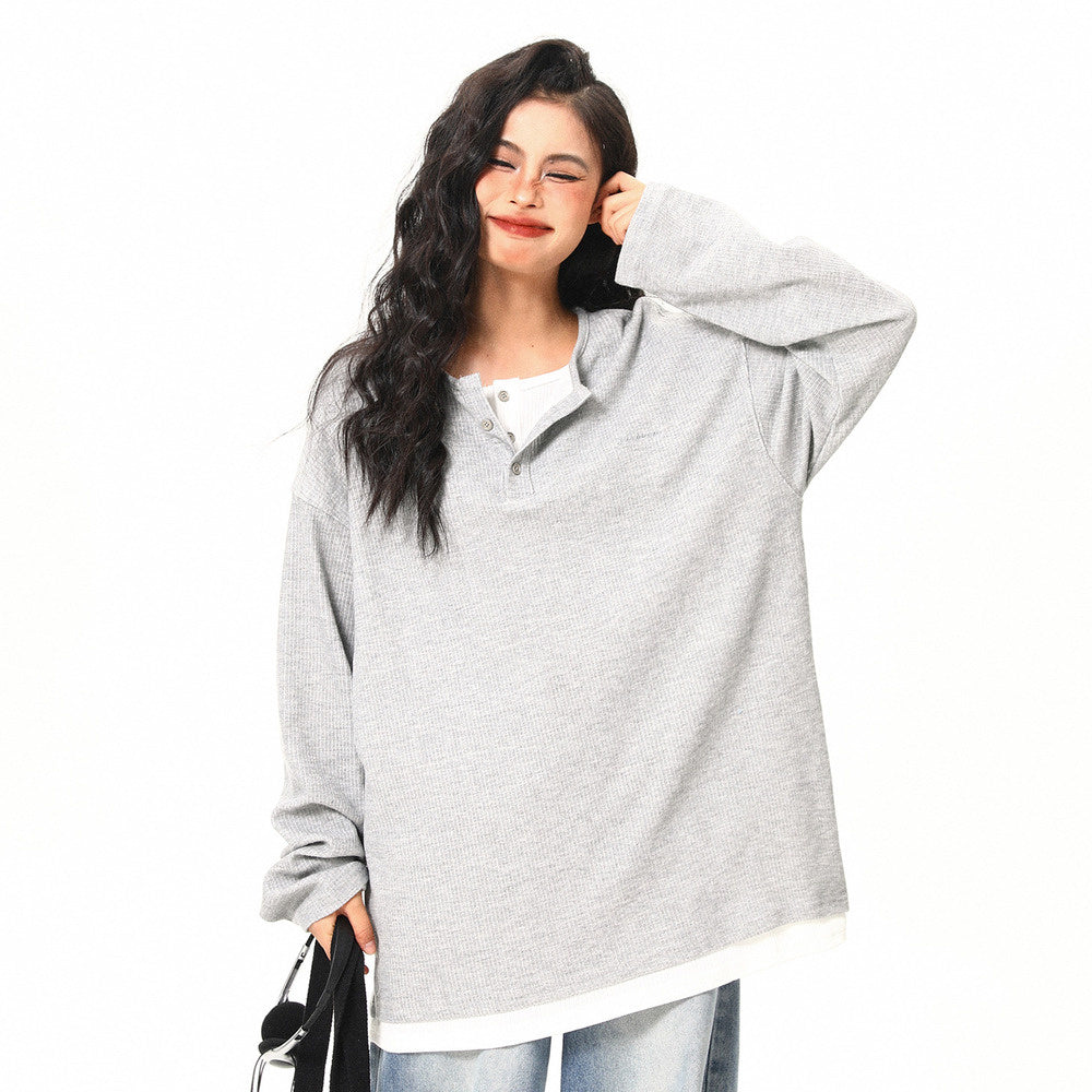 美式復古高級感假兩件長袖打底衫女秋季百搭潮流設計感上衣