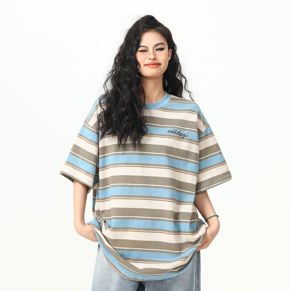 美式復古280克條紋短袖T恤女彩色氛圍感夏季寬鬆半袖