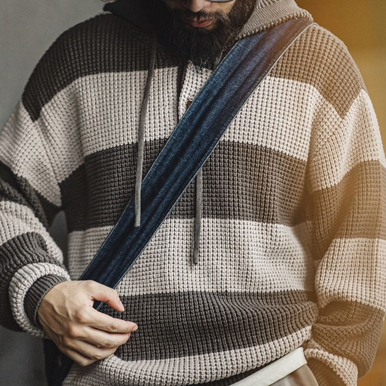 馬登工裝 美式休閒撞色條紋連帽針織衫學院風毛衣寬鬆套頭衛衣男秋