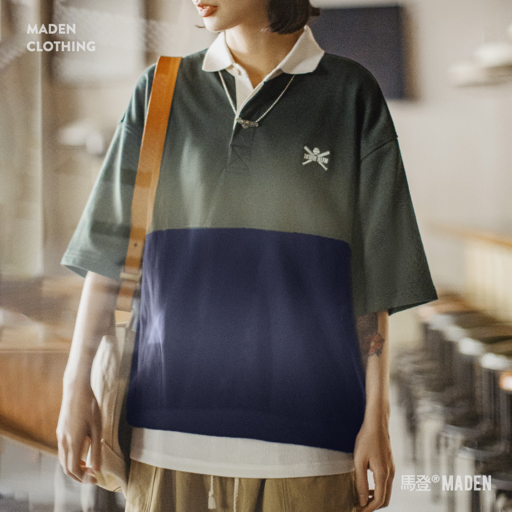 馬登女裝 夏日美式復古拼接撞色Polo衫學院風刺繡寬鬆短袖T恤