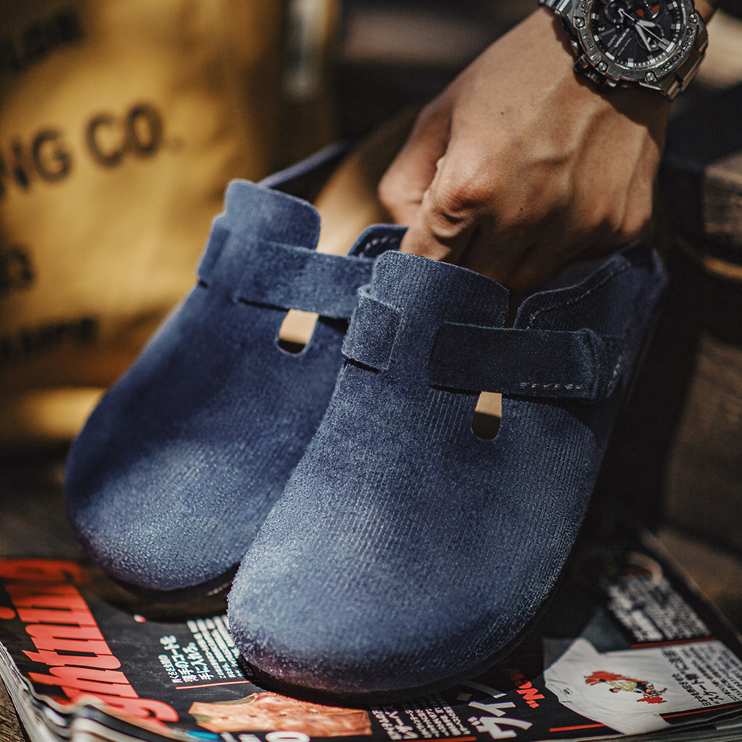 馬登工裝 夏季鯨藍色穆勒鞋男休閒平底全包頭外穿半拖鞋子