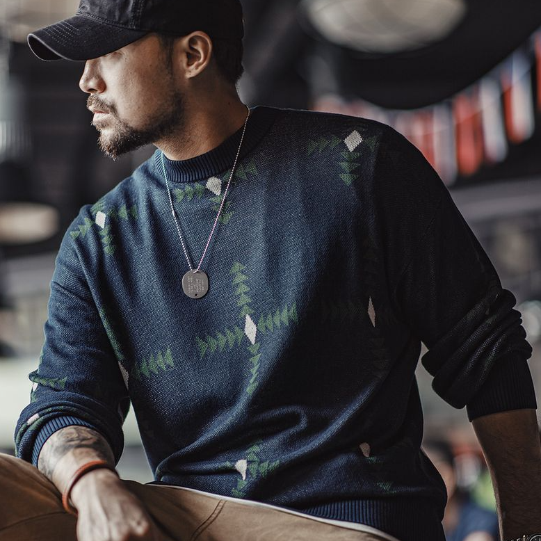 馬登工裝 美式復古幾何格紋針織毛衣學院風寬鬆圓領套頭衫上衣男秋冬