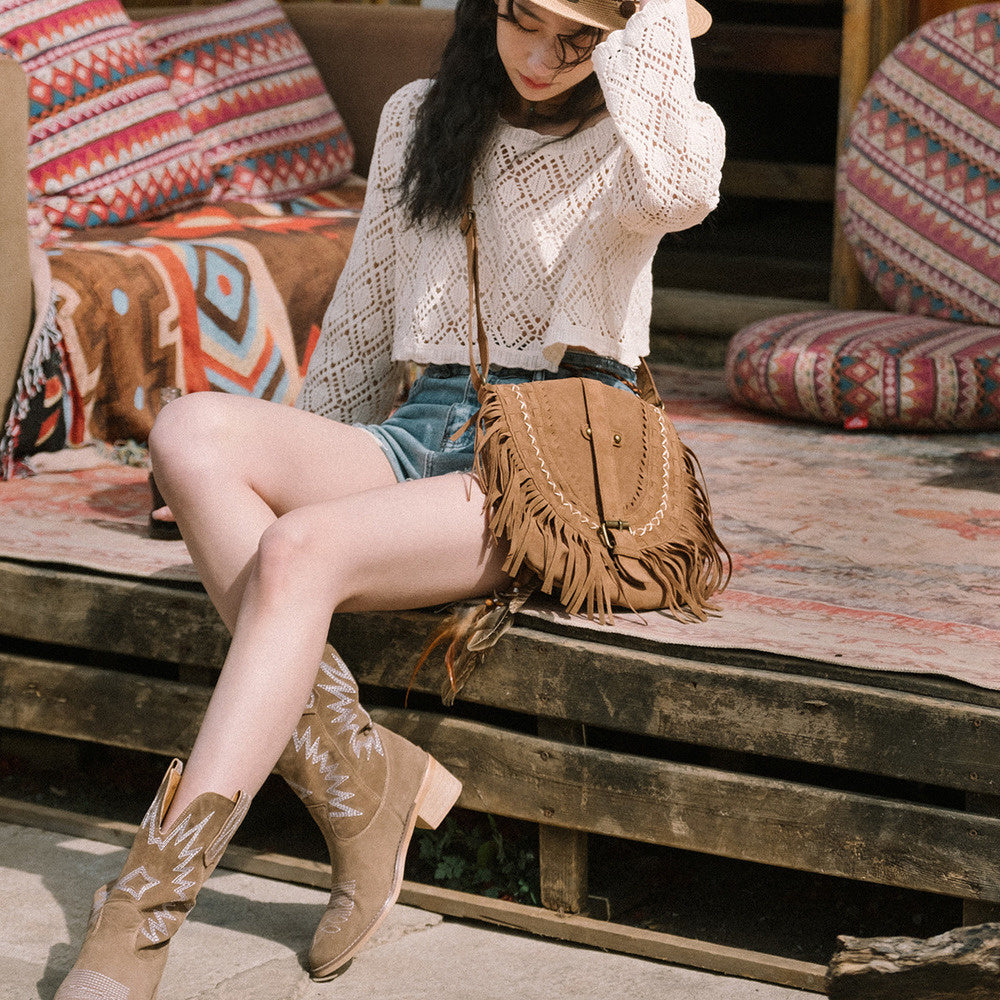 磨砂流蘇包波西米亞斜挎包大容量復古小眾設計感單肩包