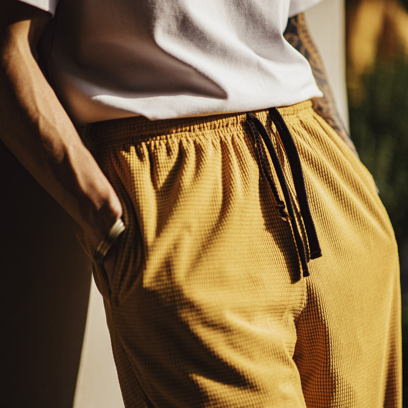 馬登工裝 美式方格黃色玉米絨休閒褲直筒抽繩束脚寬鬆長褲子男款春