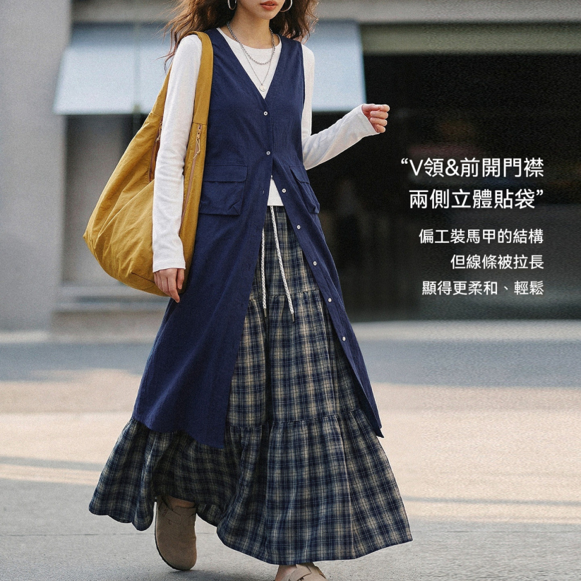 馬登女裝 工裝深V領連衣裙開衫外套外搭疊穿無袖馬甲背心裙女士春