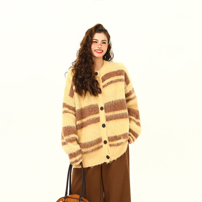 美式復古軟糯仿貂毛針織衫外套秋冬條紋慵懶寬鬆情侶外套