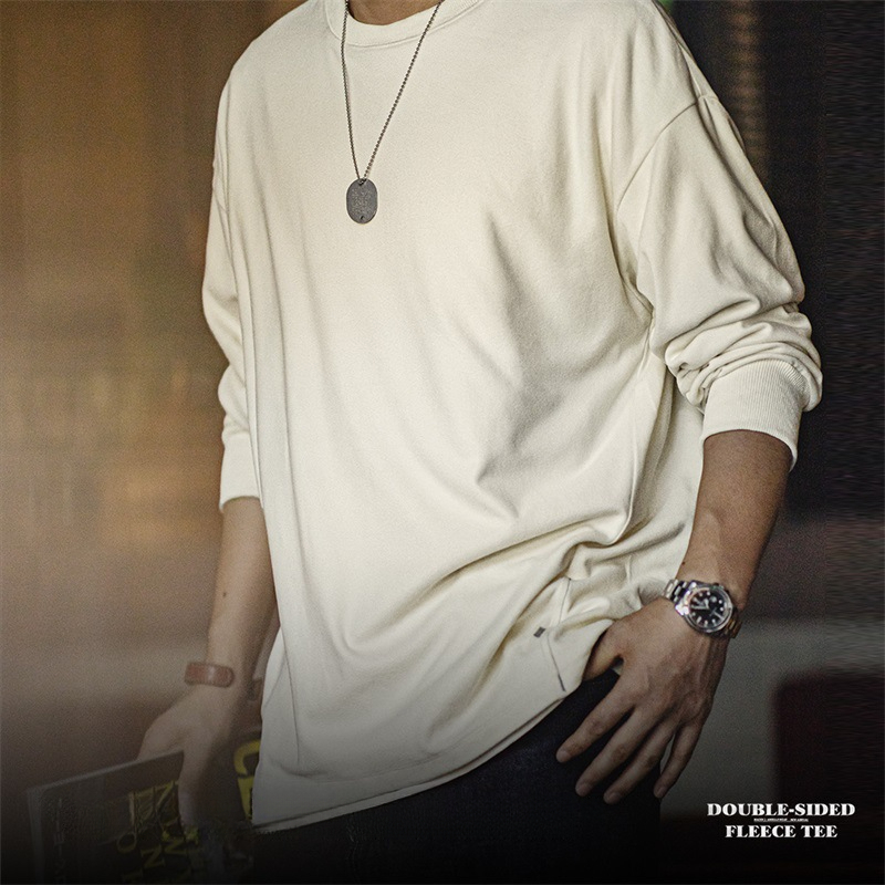 馬登工裝 美式雙面磨毛仿德絨長袖T恤基礎款寬鬆圓領保暖上衣男秋