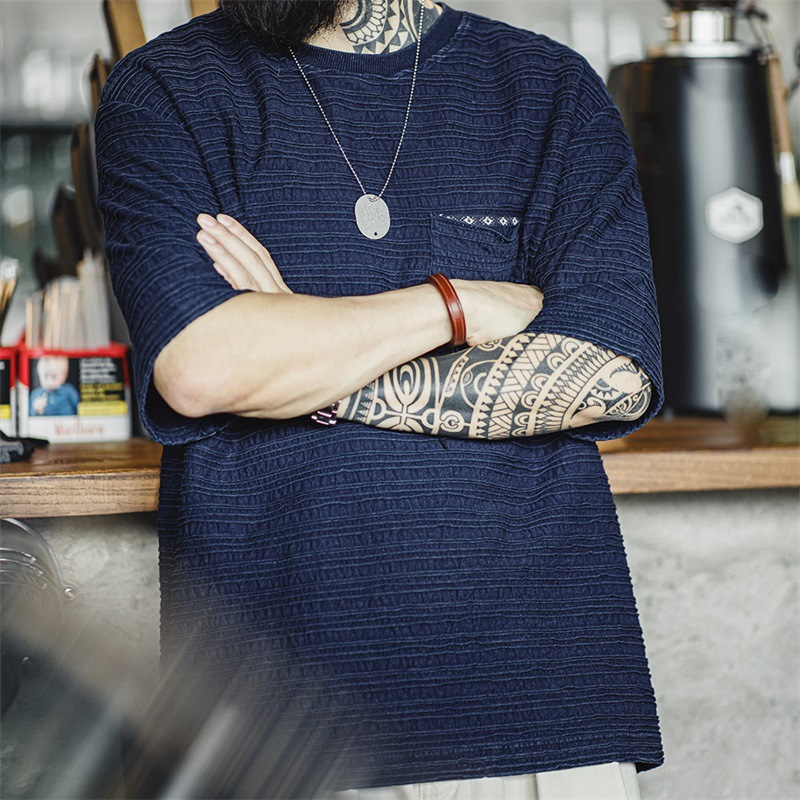 馬登工裝 美式復古藍調針織提花波浪紋口袋T恤肌理感寬鬆短袖體恤