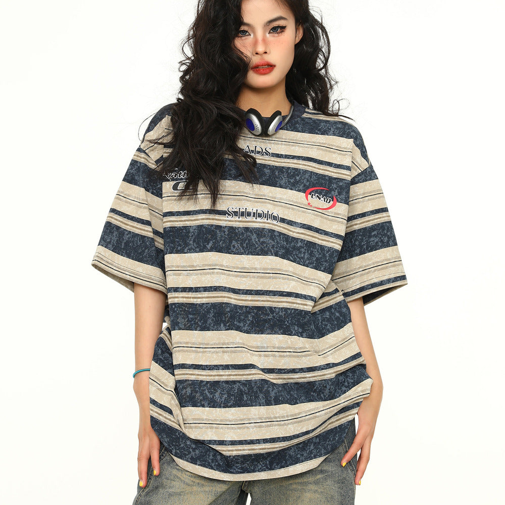 夏季新款美式復古條紋短袖T恤紮染設計感上衣潮