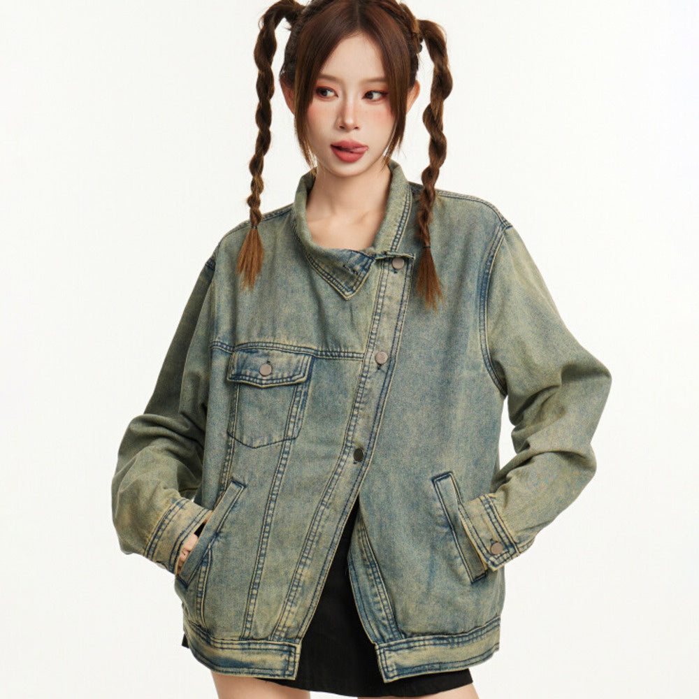 美式復古水洗做舊牛仔外套女秋冬寬鬆重磅工裝翻領開衫夾克
