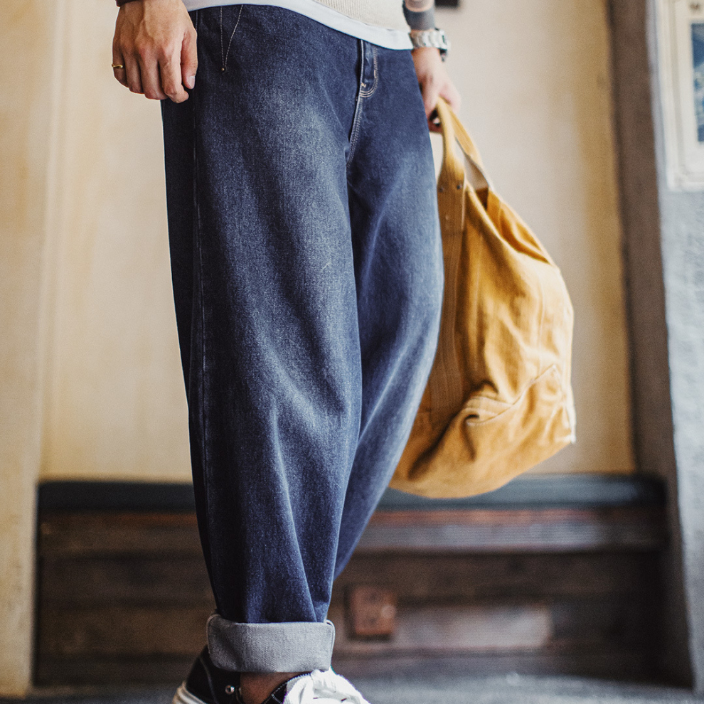 馬登工裝 美式復古水洗彎刀牛仔褲丹寧闊腿垂感拖地休閒長褲子男秋