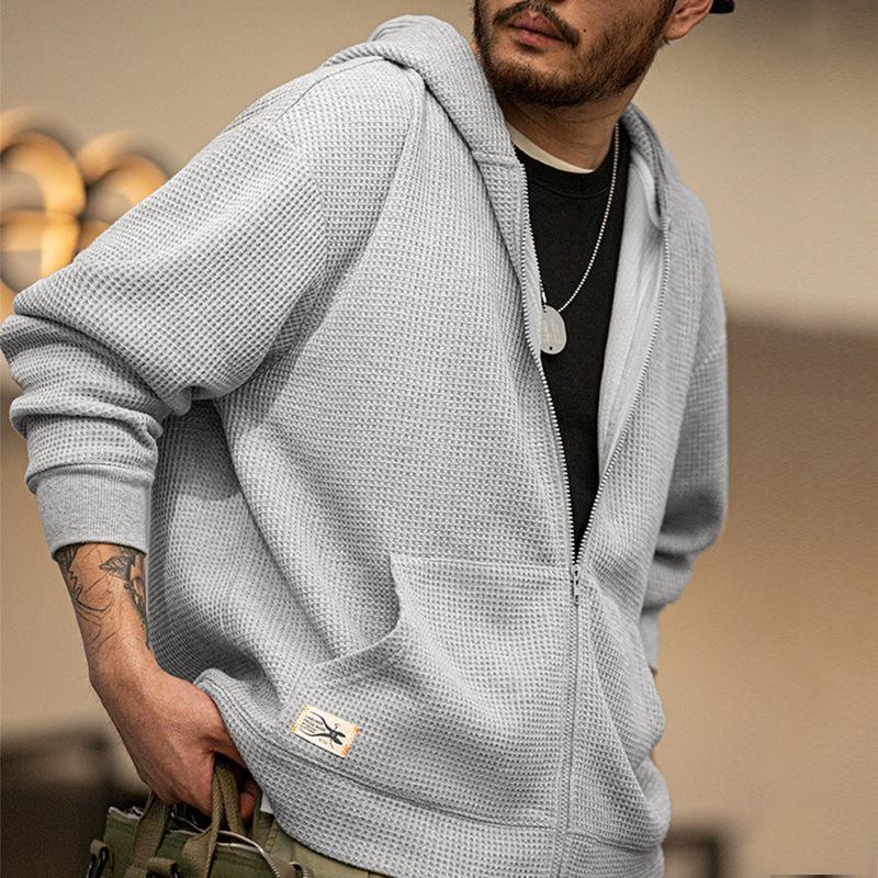 馬登工裝 華夫格連帽衛衣慵懶針織開衫運動外套男秋冬