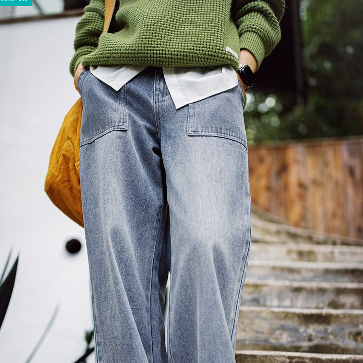 馬登女裝 復古直筒法工褲水洗牛仔褲垂感闊腿褲寬鬆休閒長褲秋冬