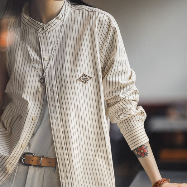 馬登女裝 法式復古細條紋長袖襯衫寬鬆設計感棒球襯衫外套