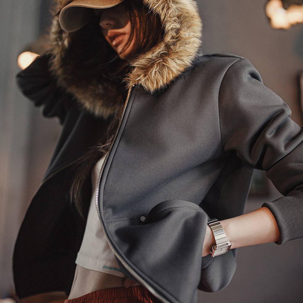 馬登女裝 美式灰色搖粒絨保暖毛領拉鍊開衫連帽加厚衛衣外套上衣秋冬