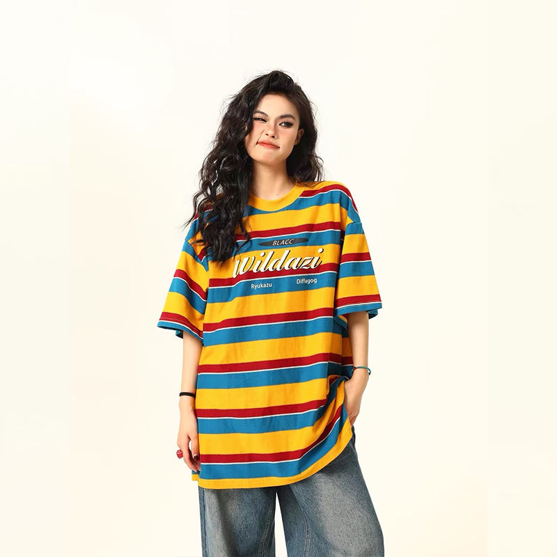 美式復古彩虹條紋短袖T恤女撞色氛圍感夏季寬鬆上衣