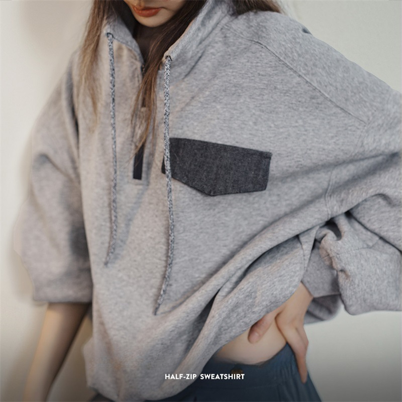 馬登女裝 半拉鍊套頭衛衣美式學院風立領上衣百搭廓形落肩長袖外套秋女