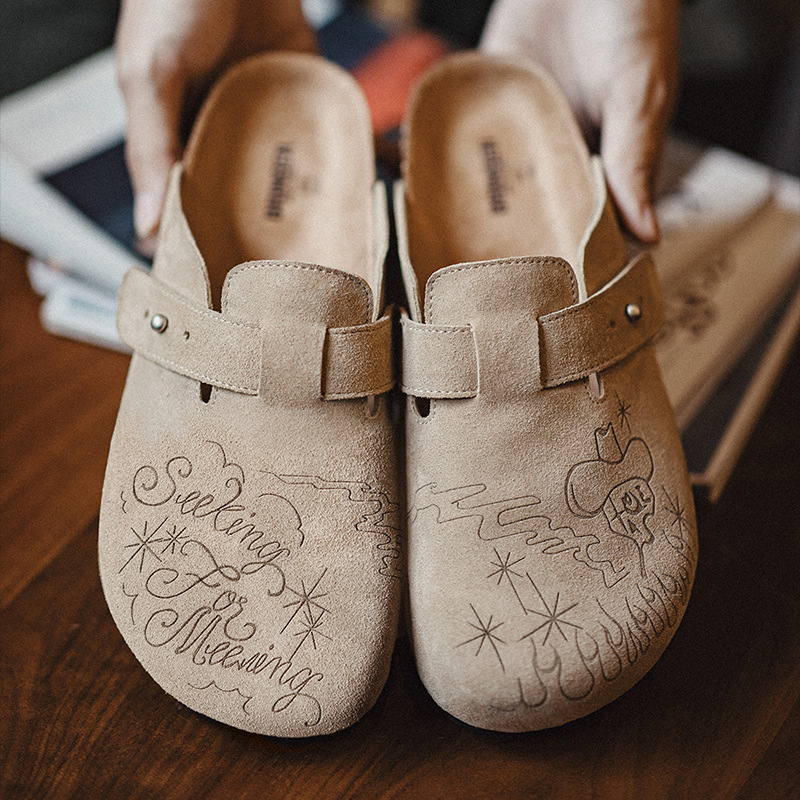 馬登工裝 插畫版勃肯穆勒鞋半拖厚底外穿釣魚平底包頭涼拖鞋男夏