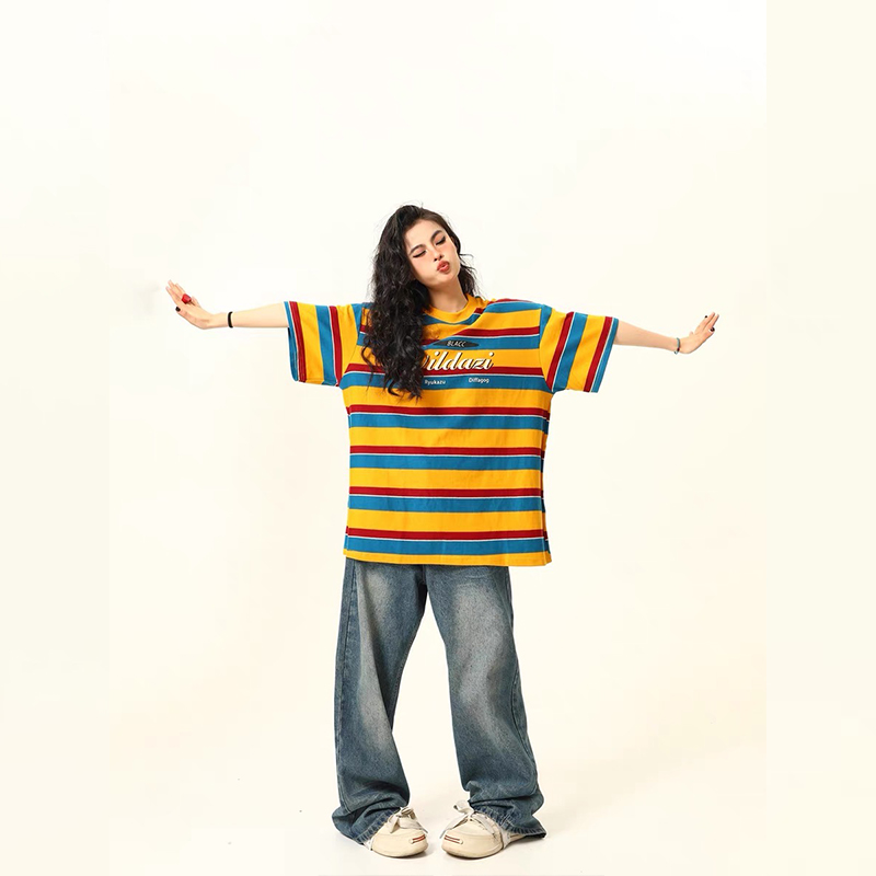 美式復古彩虹條紋短袖T恤女撞色氛圍感夏季寬鬆上衣
