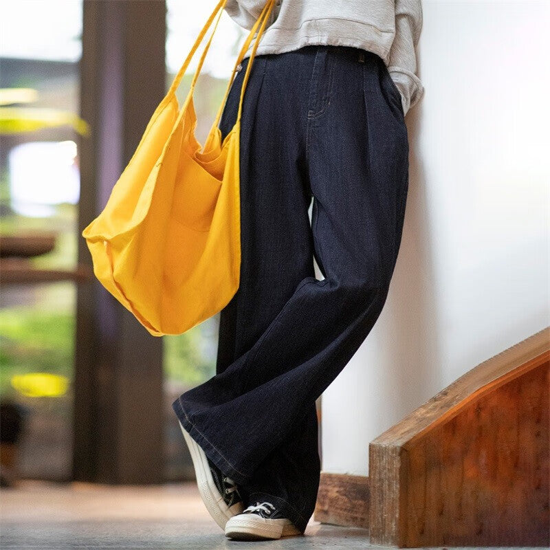 馬登女裝 美式復古水洗藍牛仔闊腿褲直筒休閒高腰顯瘦瀑布褲