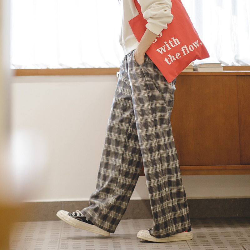 馬登女裝 美式復古格紋闊腿褲學生休閒褲日系寬鬆百搭長褲