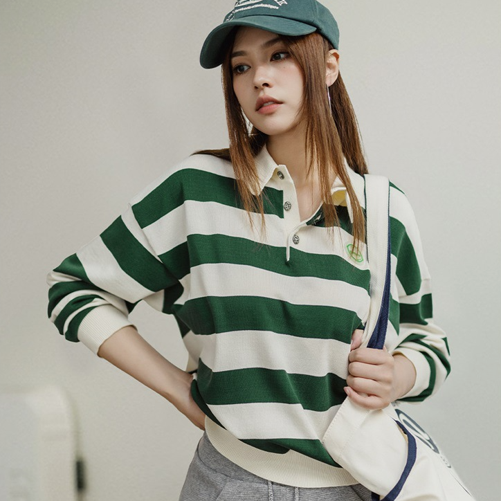 馬登女裝 復古撞色條紋Polo領長袖T恤針織休閒百搭上衣顯瘦打底衫秋女