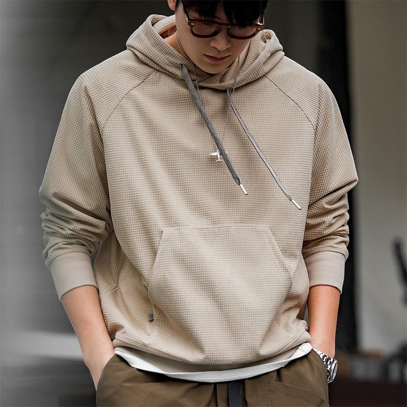 馬登工裝 美式玉米粒刺繡連帽衛衣絨感百搭純色套頭衫上衣