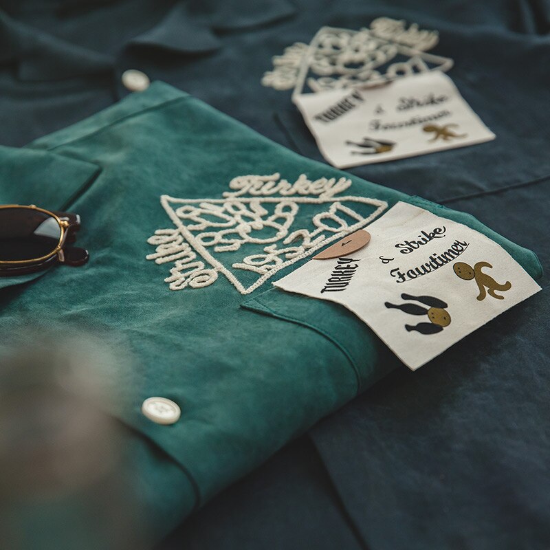 馬登工裝 美式復古桃皮絨磨毛襯衫寬鬆翻領保齡球刺繡襯衫男潮