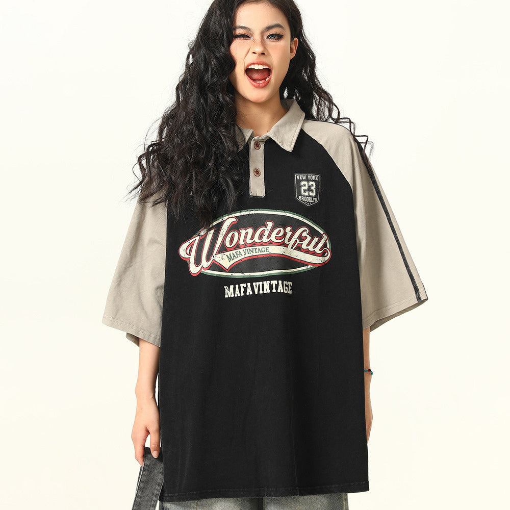 美式復古街頭學院風Polo領短袖T恤女寬鬆百搭情侶上衣