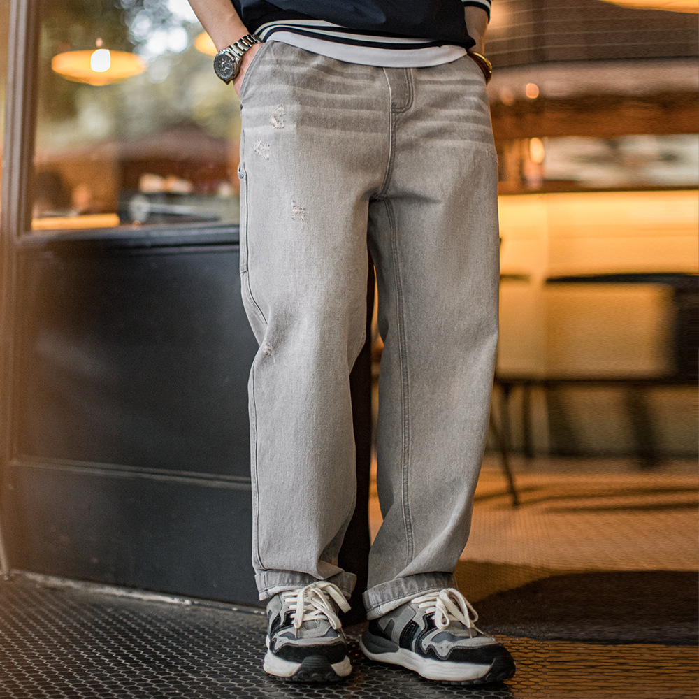 馬登工裝 美式復古水洗做舊格雷系灰牛仔褲破洞猫須伐木直筒褲男春