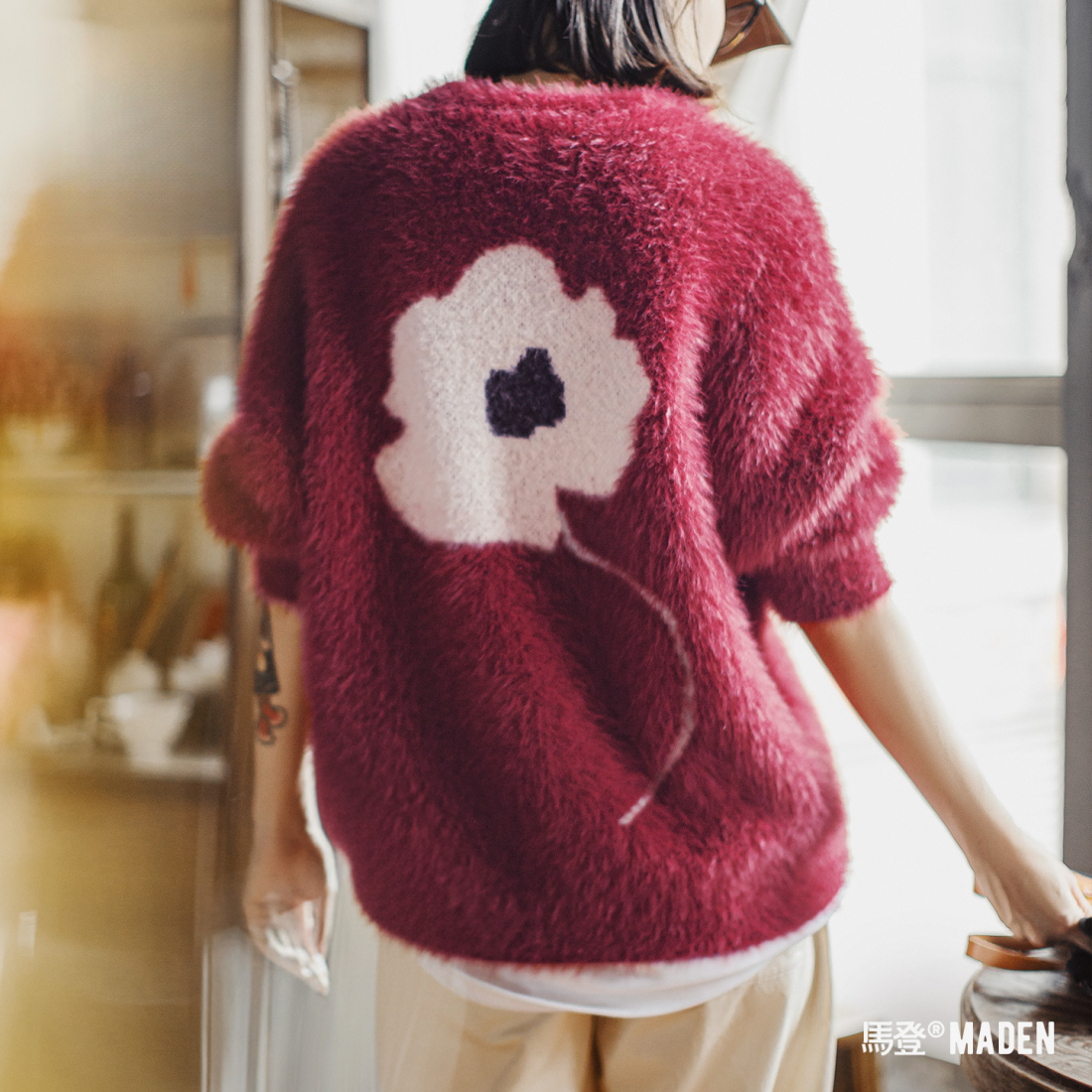 馬登女裝 酒紅色聖誕節新年仿水貂絨毛寬鬆加厚軟糯毛衣針織衫上衣秋冬